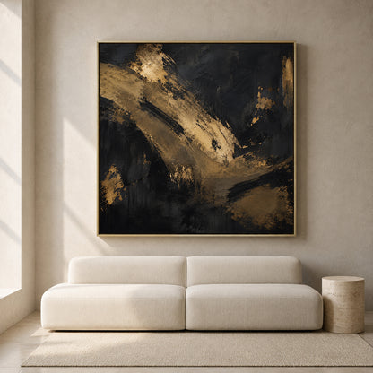 Black and Gold Abstract Canvas Art with Bold Textured Brushstrokes