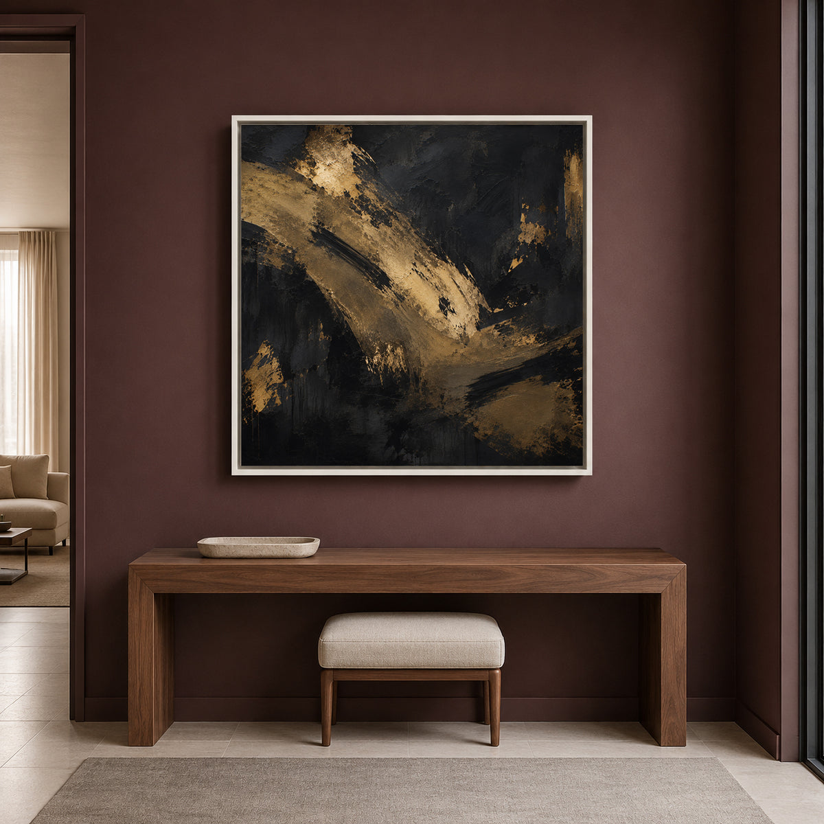 Black and Gold Abstract Canvas Art with Bold Textured Brushstrokes