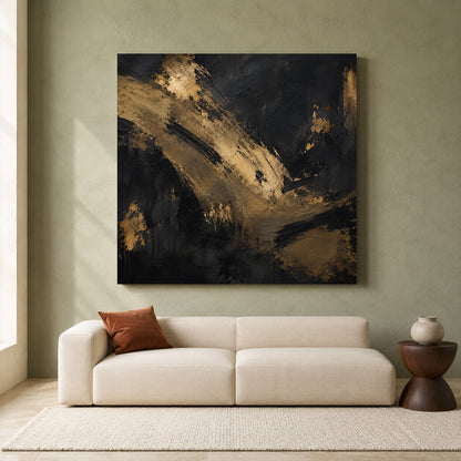 Black and Gold Abstract Canvas Art with Bold Textured Brushstrokes