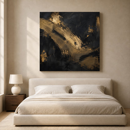 Black and Gold Abstract Canvas Art with Bold Textured Brushstrokes