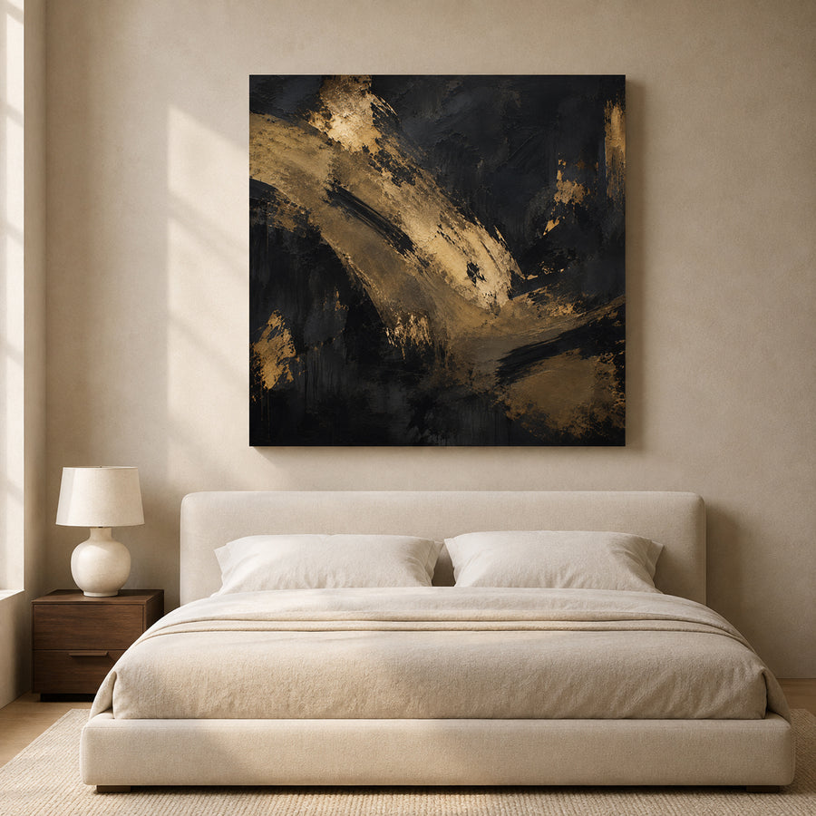 Black and Gold Abstract Canvas Art with Bold Textured Brushstrokes
