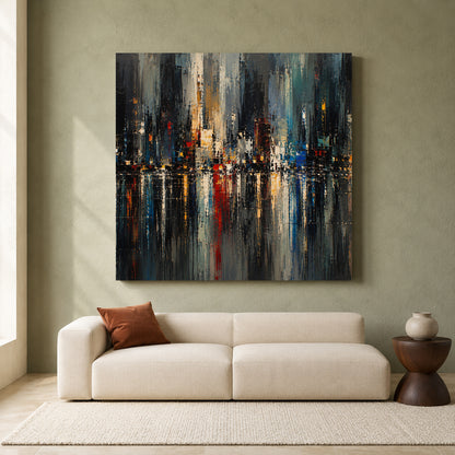 Abstract Cityscape Canvas Art with Urban Skyline Reflections