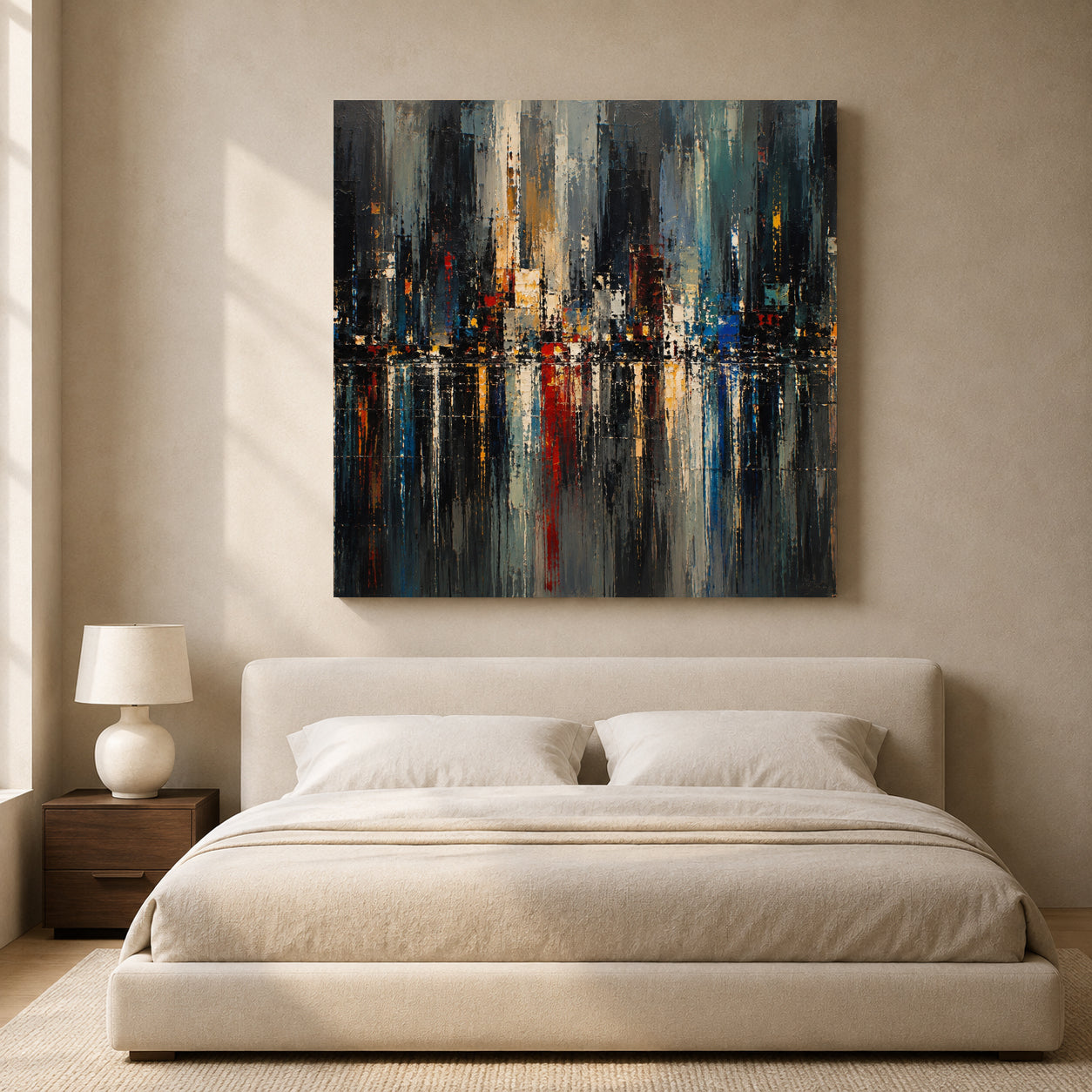 Abstract Cityscape Canvas Art with Urban Skyline Reflections