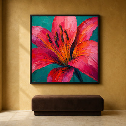 Pink Lily Floral Canvas Art with Vibrant Teal and Orange Colors