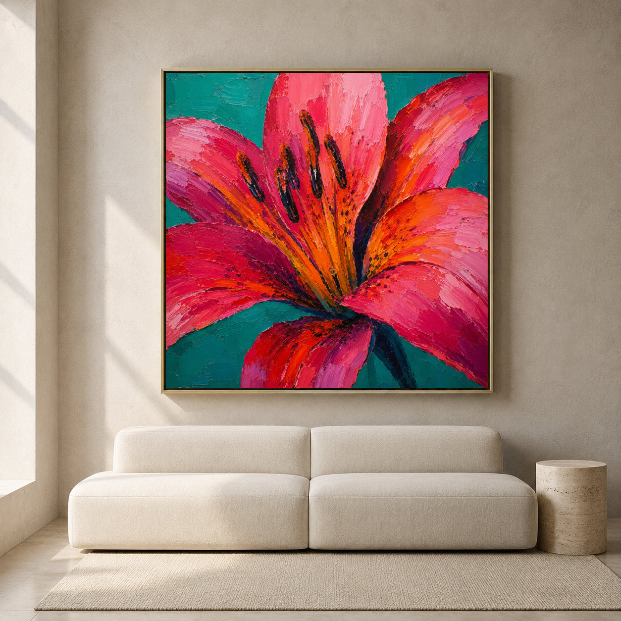 Pink Lily Floral Canvas Art with Vibrant Teal and Orange Colors