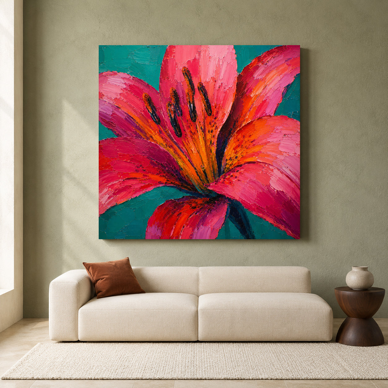 Pink Lily Floral Canvas Art with Vibrant Teal and Orange Colors
