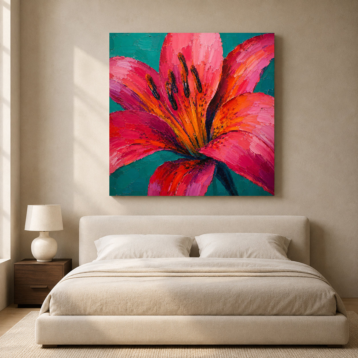 Pink Lily Floral Canvas Art with Vibrant Teal and Orange Colors