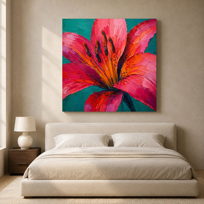 Pink Lily Floral Canvas Art with Vibrant Teal and Orange Colors