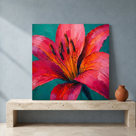 Pink Lily Floral Canvas Art with Vibrant Teal and Orange Colors