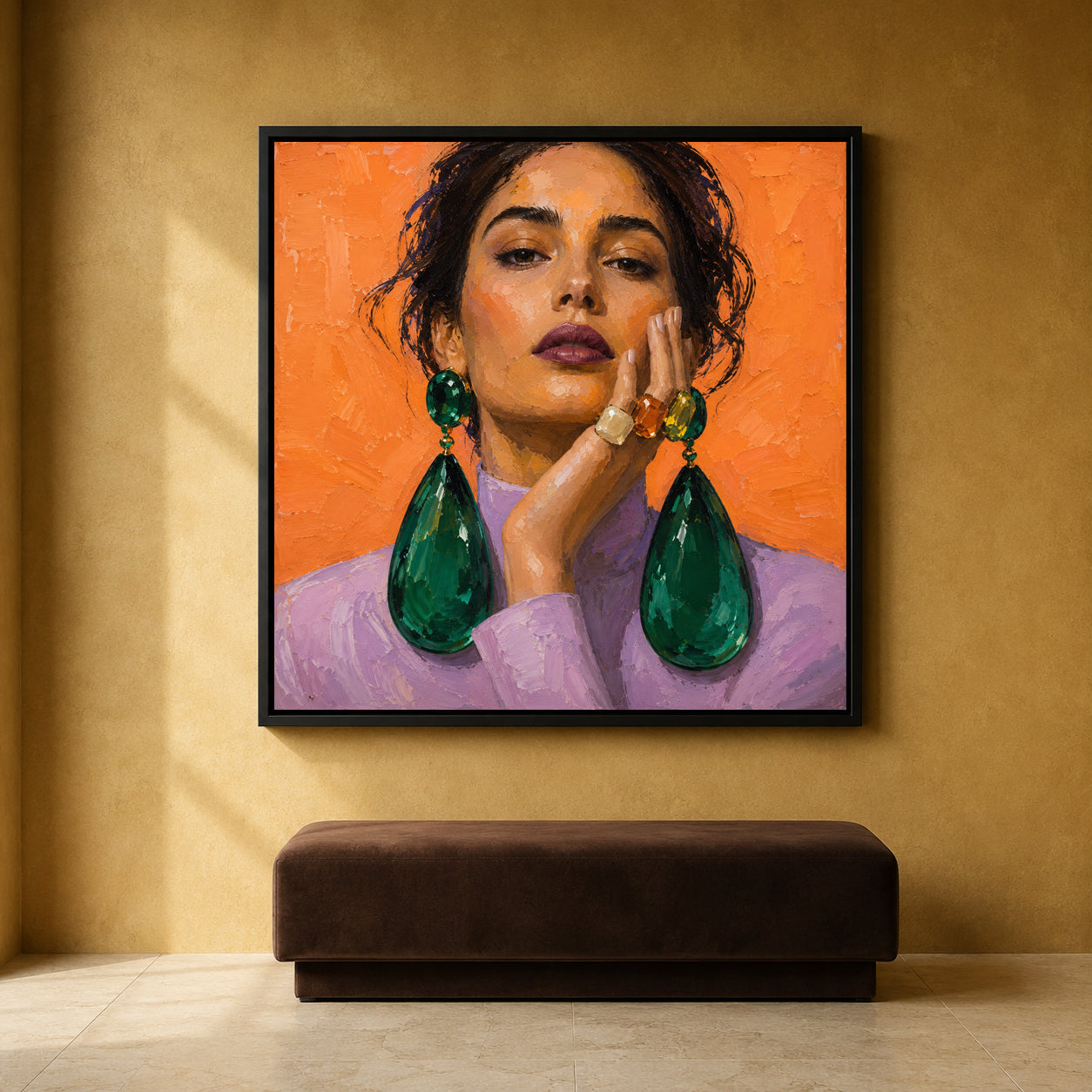 Vibrant Fashion Portrait Canvas Art with Orange Background