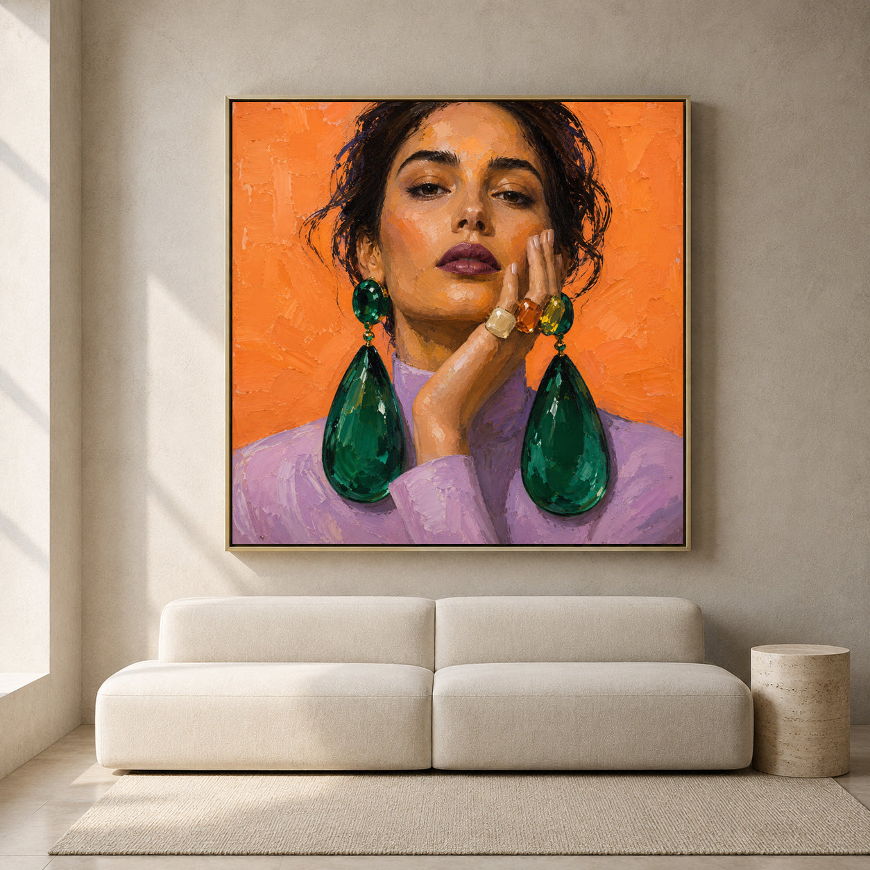 Vibrant Fashion Portrait Canvas Art with Orange Background
