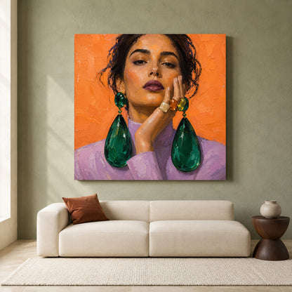 Vibrant Fashion Portrait Canvas Art with Orange Background