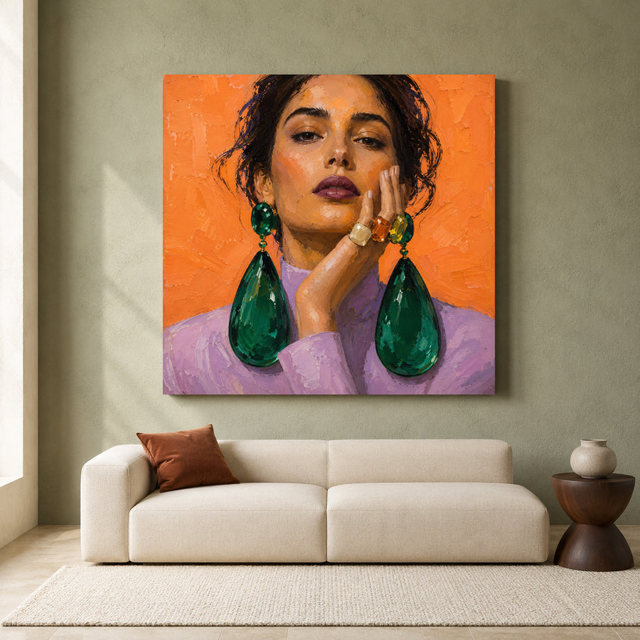 Vibrant Fashion Portrait Canvas Art with Orange Background