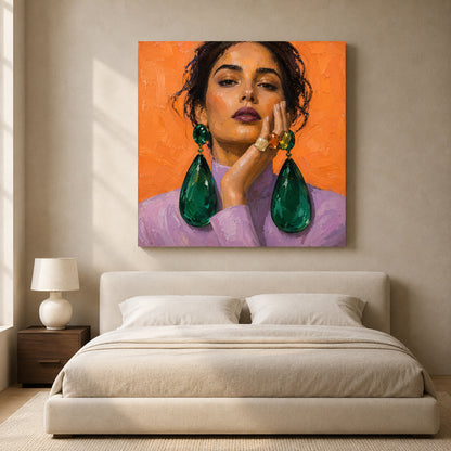 Vibrant Fashion Portrait Canvas Art with Orange Background