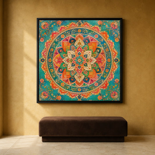 Colorful Indian Mandala Canvas Art with Traditional Floral Ornament