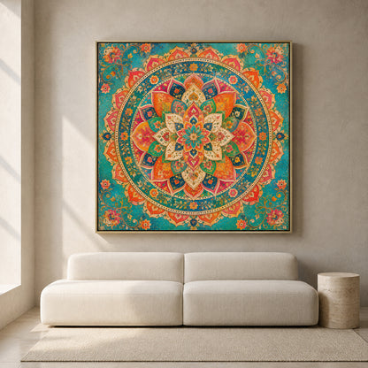 Colorful Indian Mandala Canvas Art with Traditional Floral Ornament