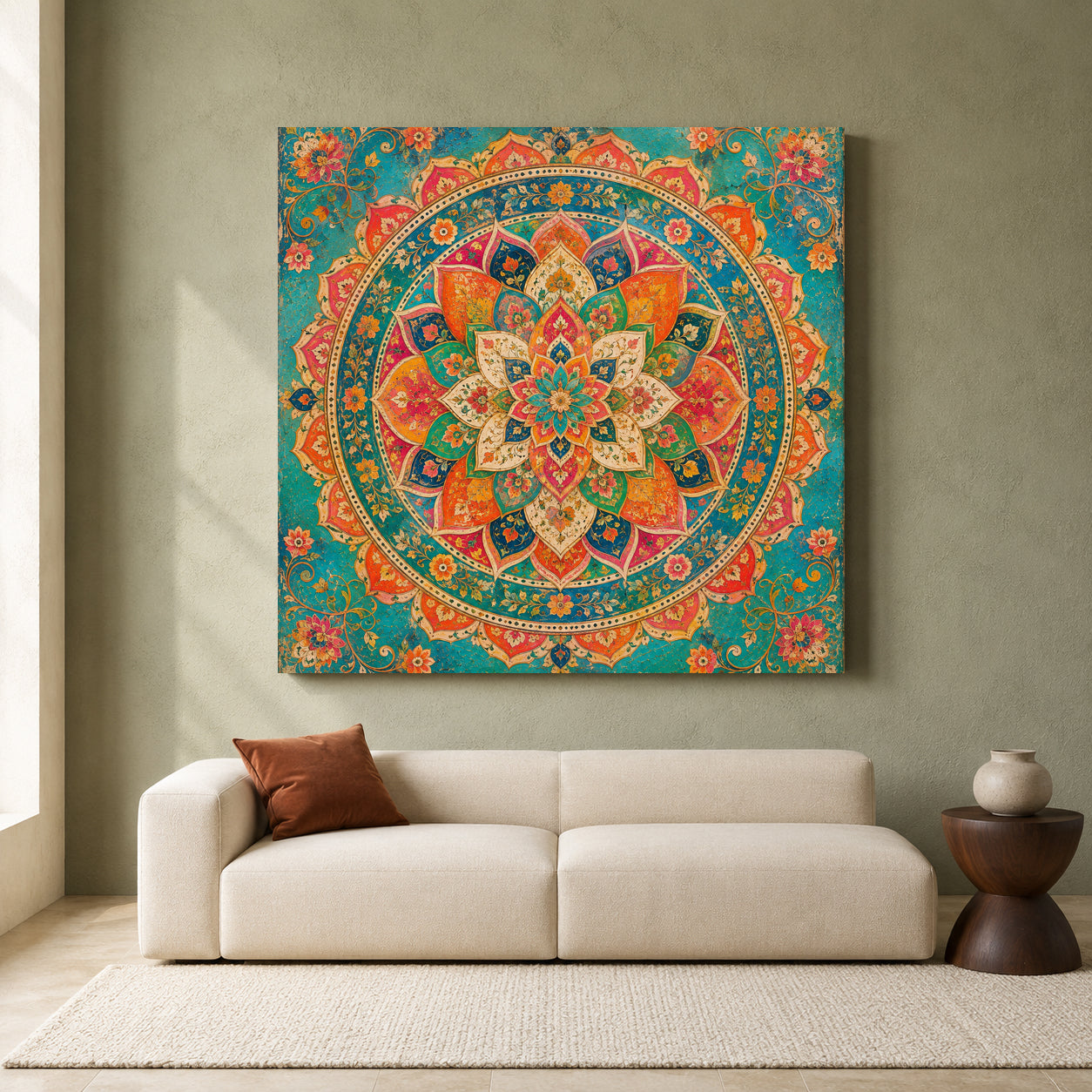 Colorful Indian Mandala Canvas Art with Traditional Floral Ornament