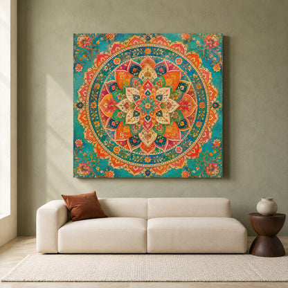 Colorful Indian Mandala Canvas Art with Traditional Floral Ornament