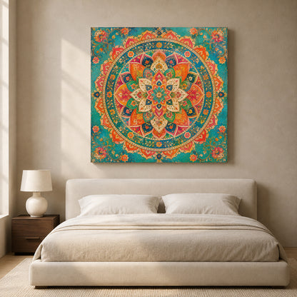 Colorful Indian Mandala Canvas Art with Traditional Floral Ornament