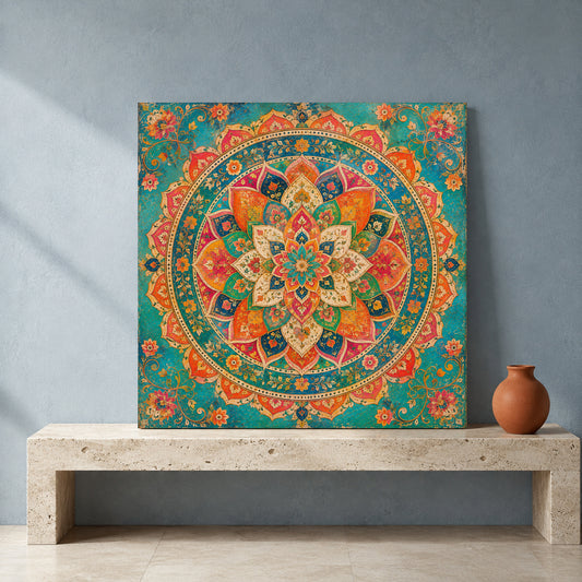 Colorful Indian Mandala Canvas Art with Traditional Floral Ornament