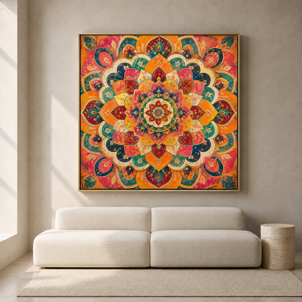 Vibrant Indian Mandala Canvas Art with Ornate Lotus Floral Pattern