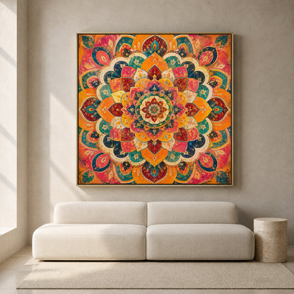 Vibrant Indian Mandala Canvas Art with Ornate Lotus Floral Pattern