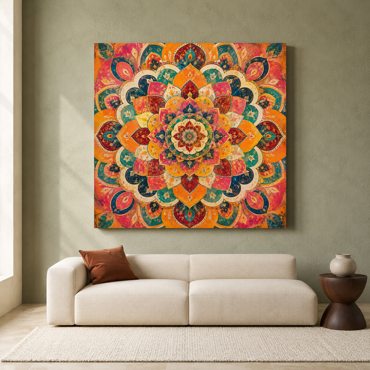 Vibrant Indian Mandala Canvas Art with Ornate Lotus Floral Pattern