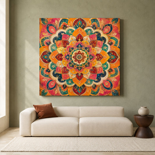 Vibrant Indian Mandala Canvas Art with Ornate Lotus Floral Pattern