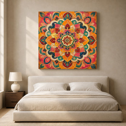 Vibrant Indian Mandala Canvas Art with Ornate Lotus Floral Pattern