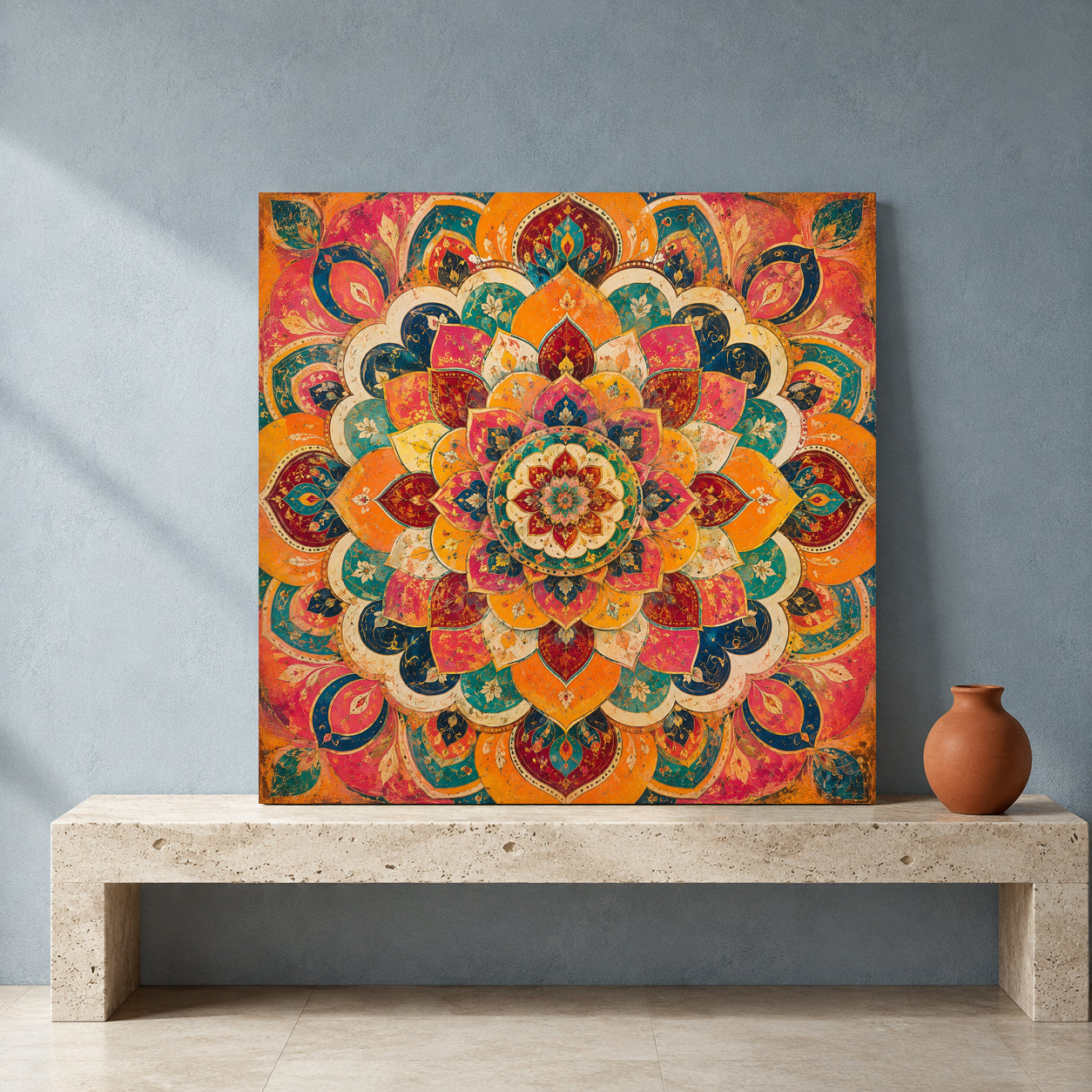 Vibrant Indian Mandala Canvas Art with Ornate Lotus Floral Pattern