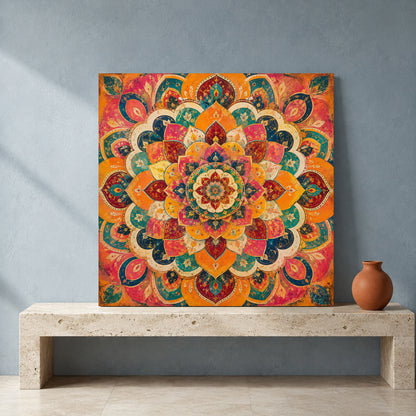 Vibrant Indian Mandala Canvas Art with Ornate Lotus Floral Pattern