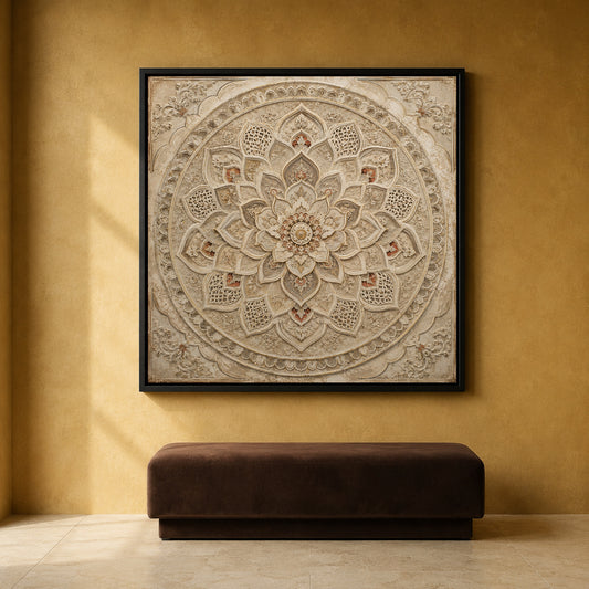 Neutral Mandala Canvas Art with Intricate Indian Carved Floral Design
