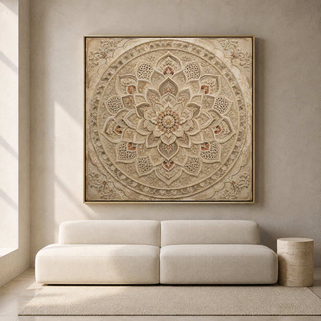 Neutral Mandala Canvas Art with Intricate Indian Carved Floral Design