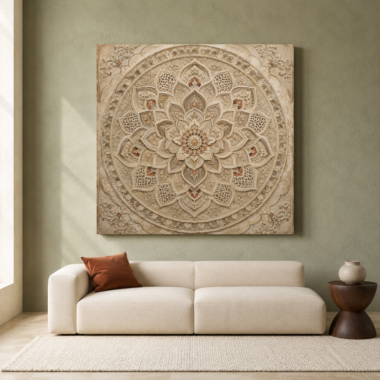 Neutral Mandala Canvas Art with Intricate Indian Carved Floral Design