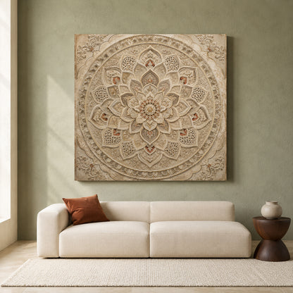 Neutral Mandala Canvas Art with Intricate Indian Carved Floral Design