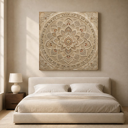Neutral Mandala Canvas Art with Intricate Indian Carved Floral Design