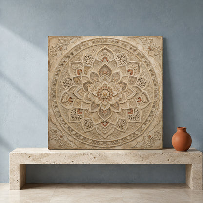 Neutral Mandala Canvas Art with Intricate Indian Carved Floral Design