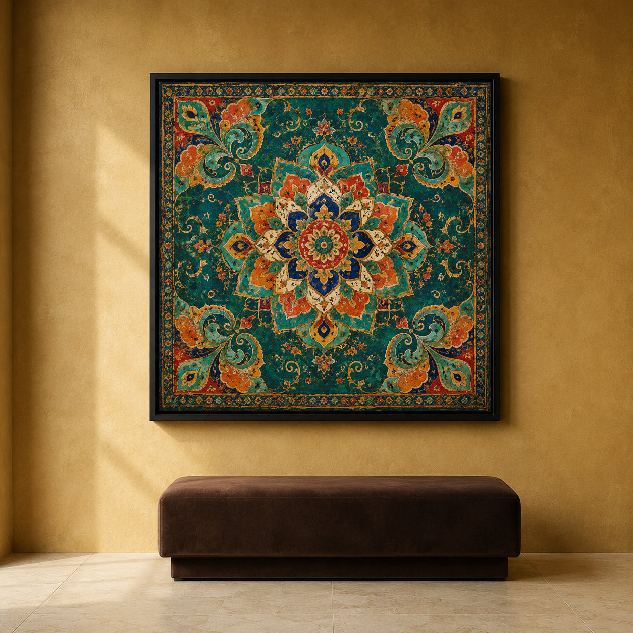 Teal Indian Mandala Canvas Art with Vintage Floral Paisley Ornament