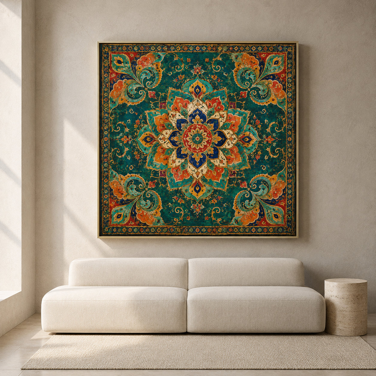 Teal Indian Mandala Canvas Art with Vintage Floral Paisley Ornament