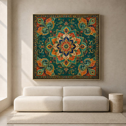 Teal Indian Mandala Canvas Art with Vintage Floral Paisley Ornament