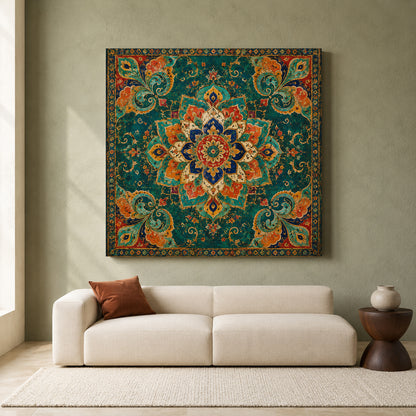 Teal Indian Mandala Canvas Art with Vintage Floral Paisley Ornament