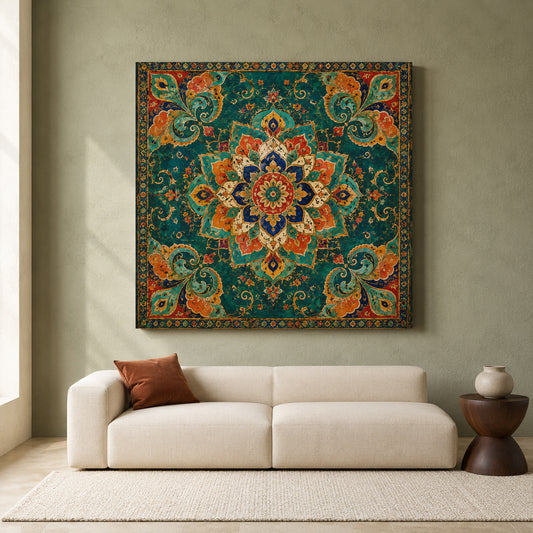 Teal Indian Mandala Canvas Art with Vintage Floral Paisley Ornament