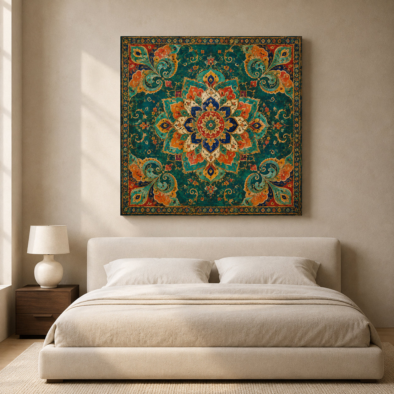 Teal Indian Mandala Canvas Art with Vintage Floral Paisley Ornament