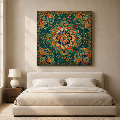 Teal Indian Mandala Canvas Art with Vintage Floral Paisley Ornament