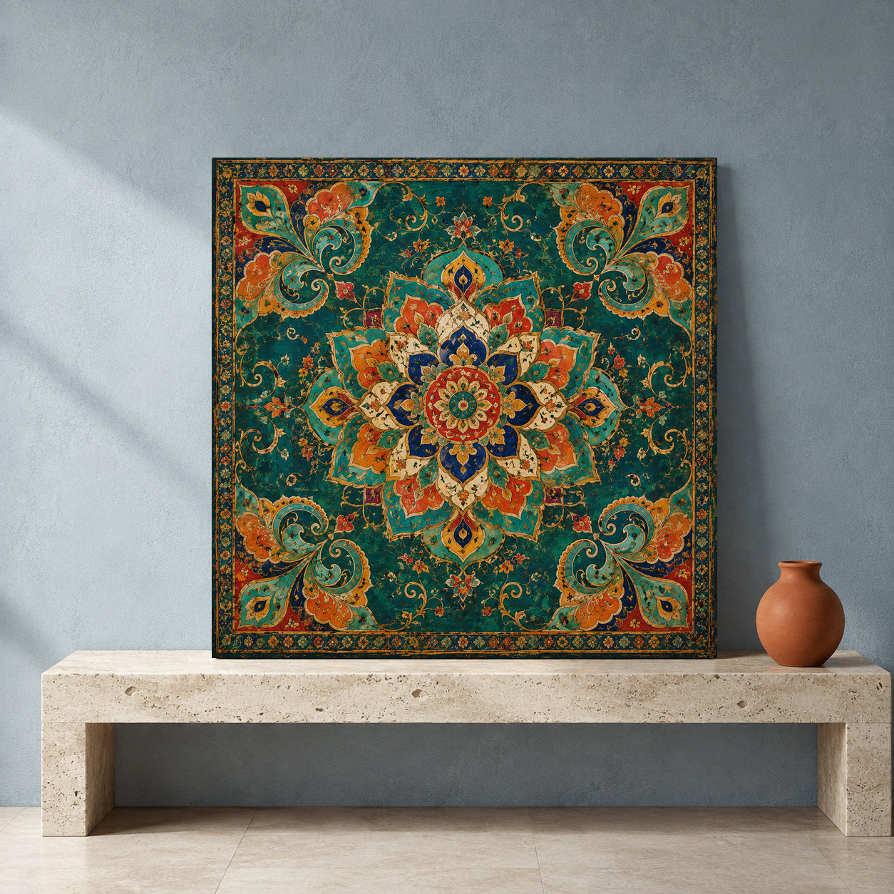 Teal Indian Mandala Canvas Art with Vintage Floral Paisley Ornament