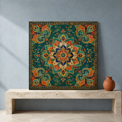 Teal Indian Mandala Canvas Art with Vintage Floral Paisley Ornament