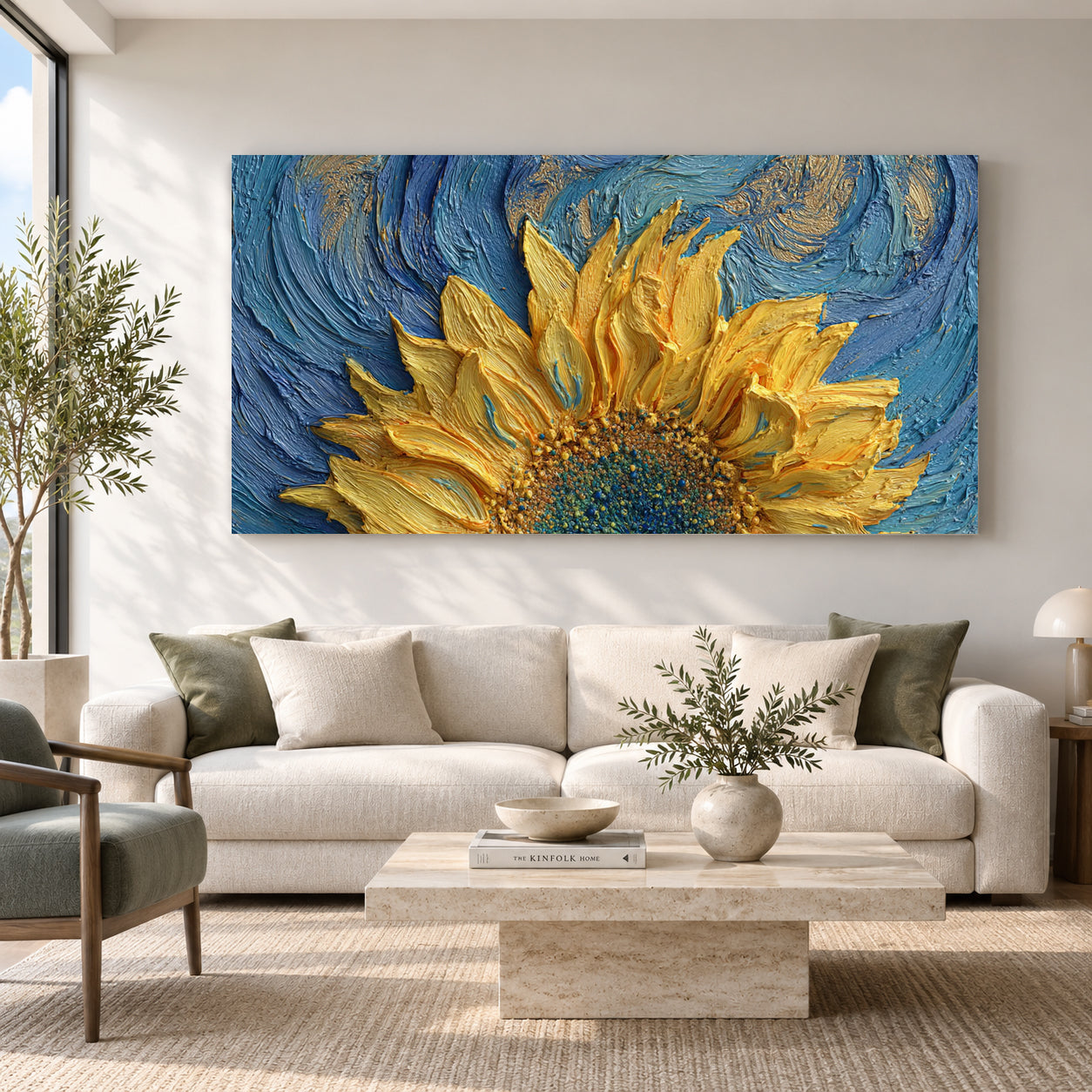 Golden Sunflower Blue Textured Canvas Wall Art Painting for Living Room