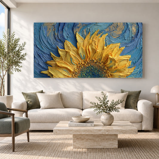 Golden Sunflower Blue Textured Canvas Wall Art Painting for Living Room