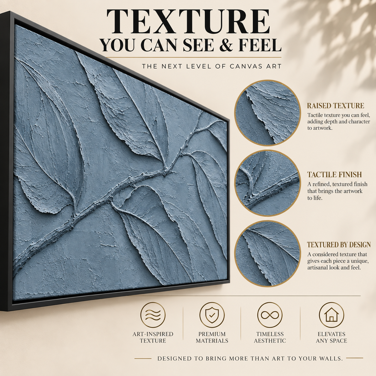 Dusty Blue Botanical Relief Panoramic Textured Canvas Art