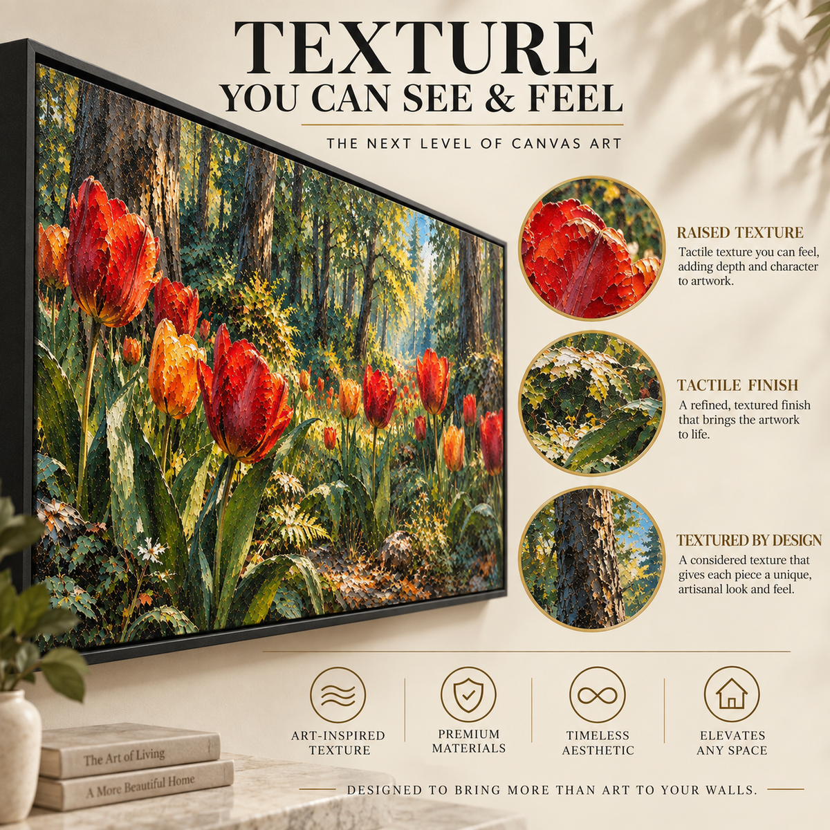 Scarlet Tulips in Sunlit Woodland Panoramic Canvas Art